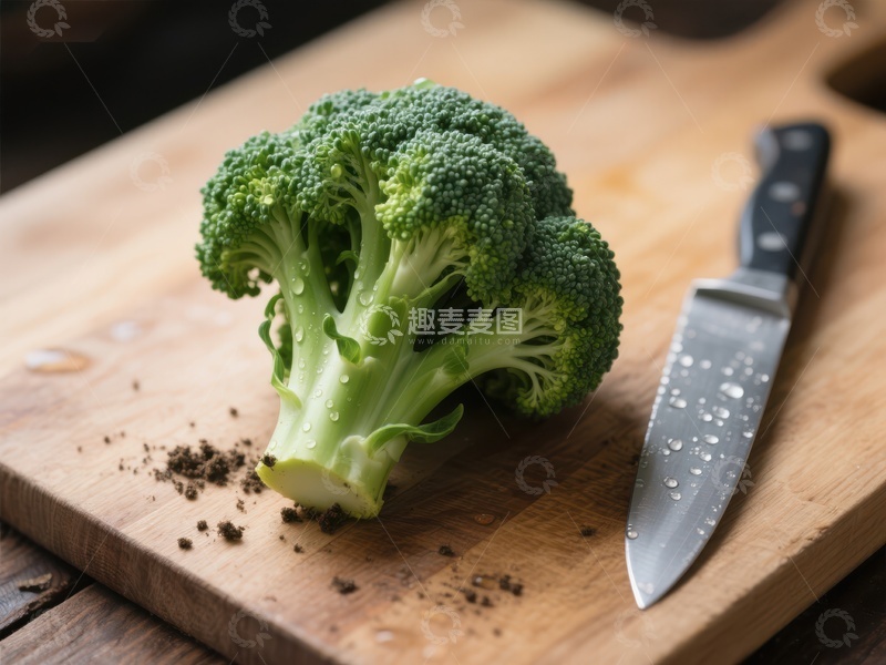 高清大图下载【趣麦麦图】-新鲜西兰花与刀具置于砧板上