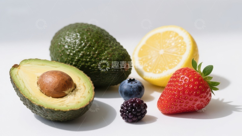 高清大图下载【趣麦麦图】新鲜水果组合：牛油果、柠檬、草莓和浆果
