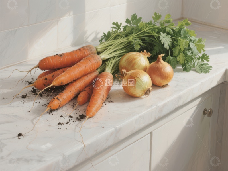 高清大图下载【趣麦麦图】新鲜胡萝卜与洋葱置于厨房台面