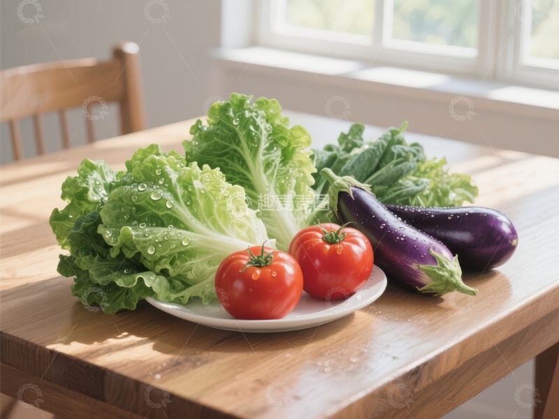 高清大图下载【趣麦麦图】新鲜蔬菜摆放在木质餐桌
