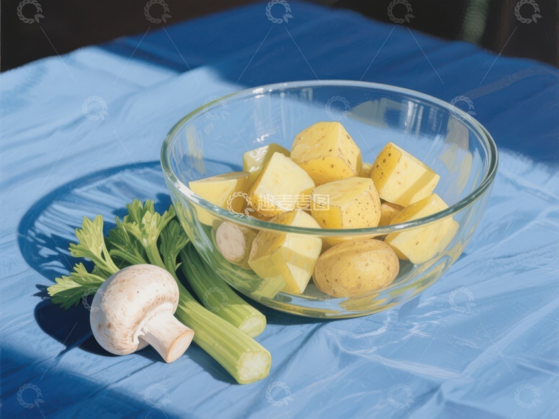 高清大图下载【趣麦麦图】透明碗中切块土豆与蘑菇芹菜