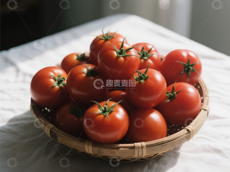 高清大图下载【趣麦麦图】新鲜番茄盛于竹篮中
