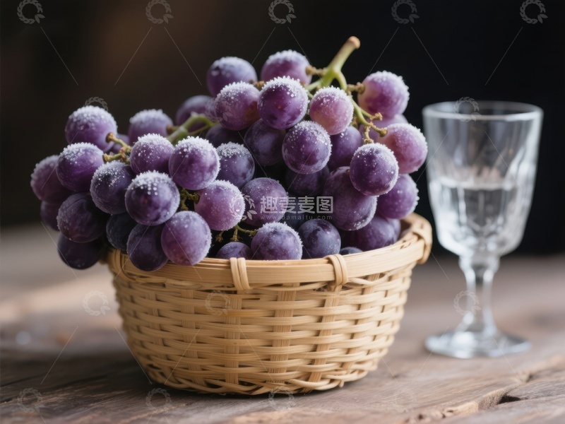 高清大图下载【趣麦麦图】篮中紫葡萄与高脚杯静物