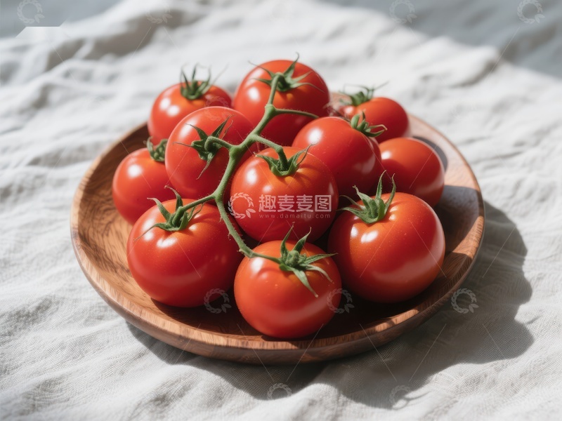 高清大图下载【趣麦麦图】新鲜番茄置于木质盘中