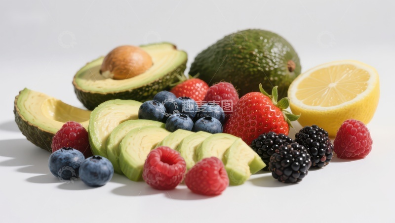 高清大图下载【趣麦麦图】新鲜水果组合：牛油果、浆果与柠檬