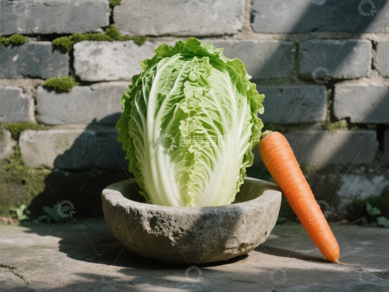 高清大图下载【趣麦麦图】白菜与胡萝卜置于石碗中