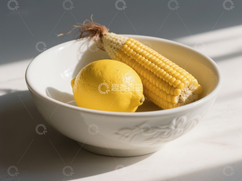 高清大图下载【趣麦麦图】柠檬与玉米置于白色碗中