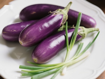 新鲜茄子与青葱的静物组合