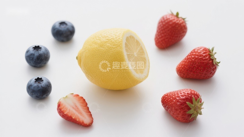 高清大图下载【趣麦麦图】新鲜水果组合：柠檬、草莓与蓝莓