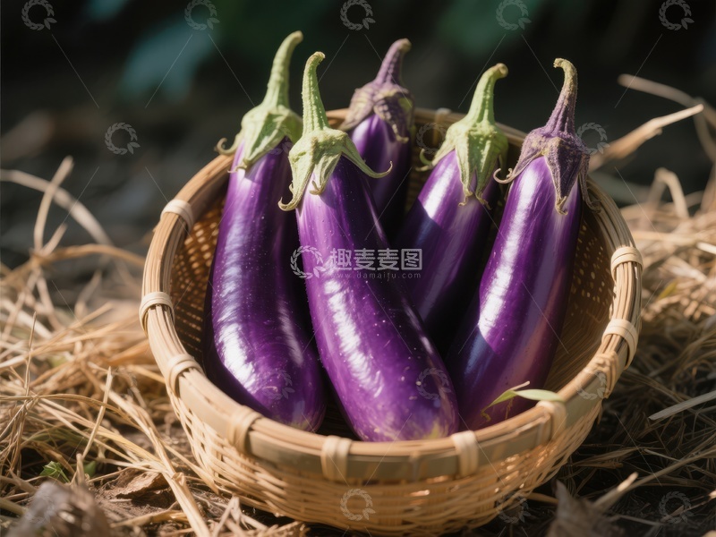 高清大图下载【趣麦麦图】篮中新鲜紫色茄子