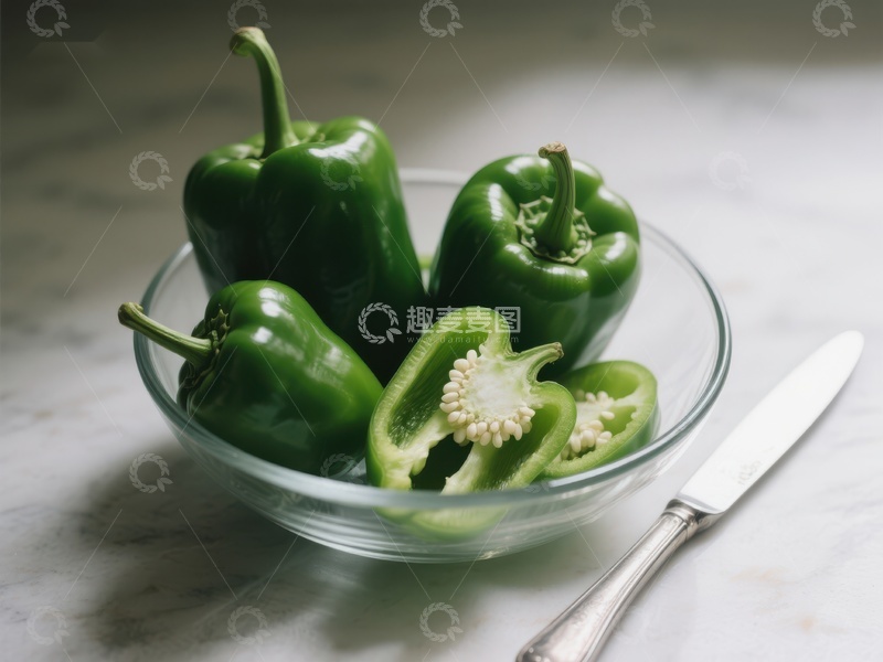 高清大图下载【趣麦麦图】新鲜青椒置于玻璃碗中