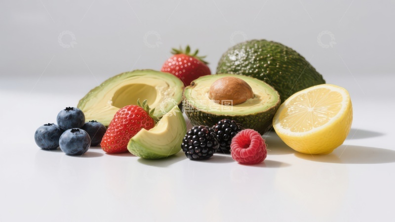 高清大图下载【趣麦麦图】新鲜水果组合：牛油果、浆果与柠檬