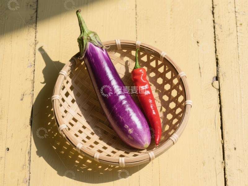 高清大图下载【趣麦麦图】紫茄子与红辣椒置于竹篮