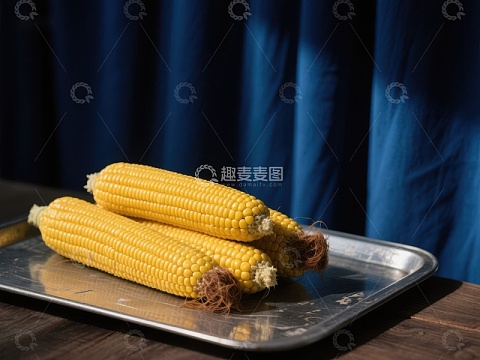 烤玉米置于金属托盘