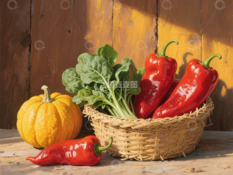 高清大图下载【趣麦麦图】篮中红椒绿叶与南瓜静物