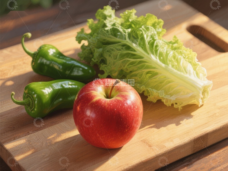 高清大图下载【趣麦麦图】新鲜苹果、青椒与生菜置于木板上