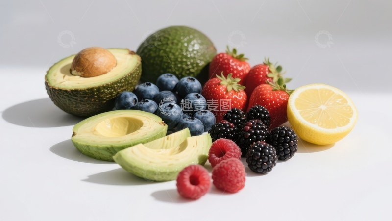 高清大图下载【趣麦麦图】新鲜水果组合：牛油果、浆果与柠檬