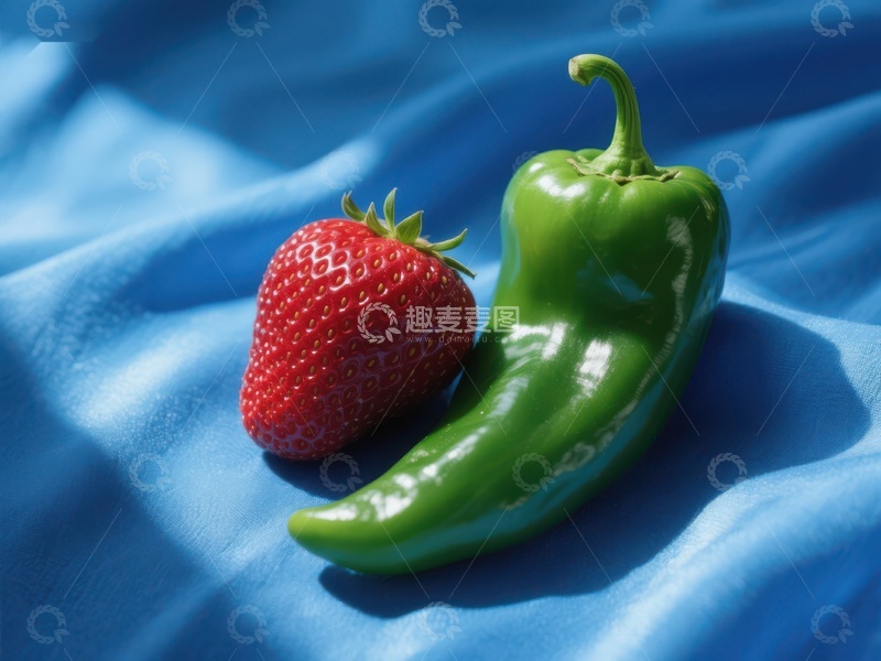 高清大图下载【趣麦麦图】草莓与青椒的蓝色布面静物