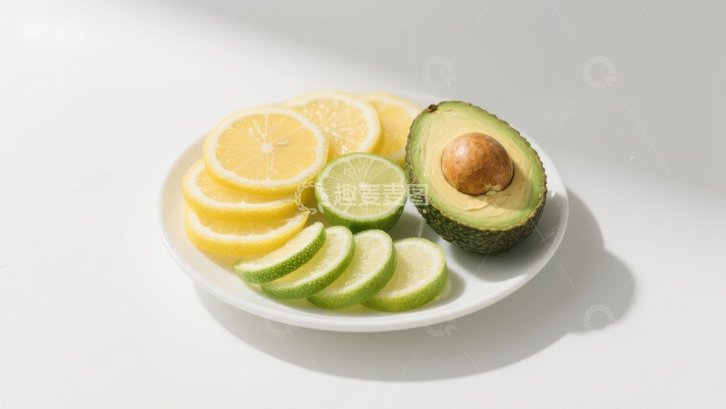 高清大图下载【趣麦麦图】新鲜水果拼盘：柠檬、青柠与牛油果