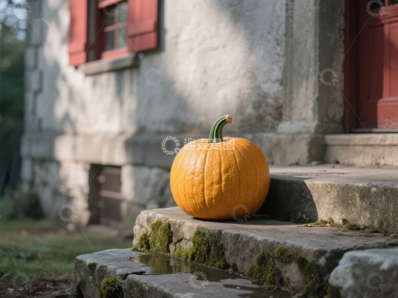 高清大图下载【趣麦麦图】门前石阶上的橙色南瓜
