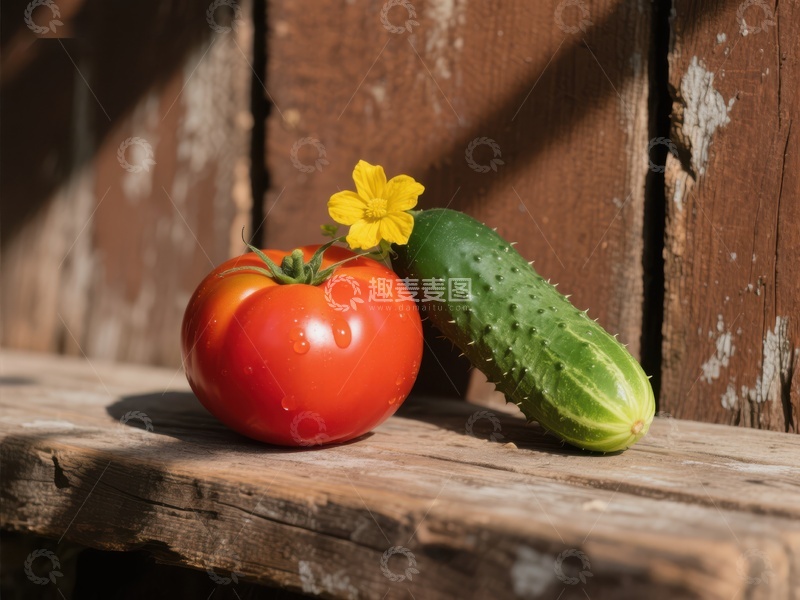 高清大图下载【趣麦麦图】新鲜番茄与黄瓜并置木板上
