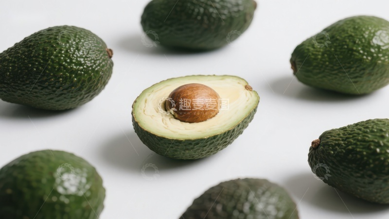 高清大图下载【趣麦麦图】新鲜牛油果，一半切开展示果核