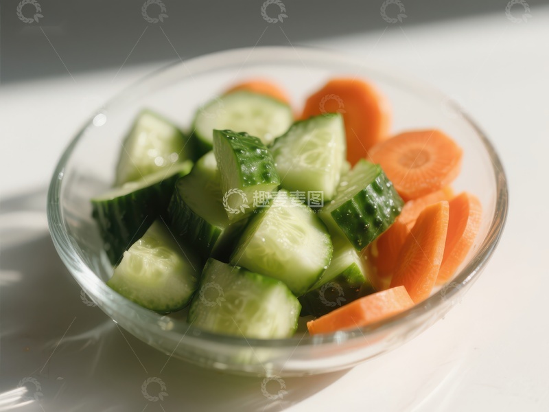 高清大图下载【趣麦麦图】新鲜黄瓜胡萝卜切片碗装
