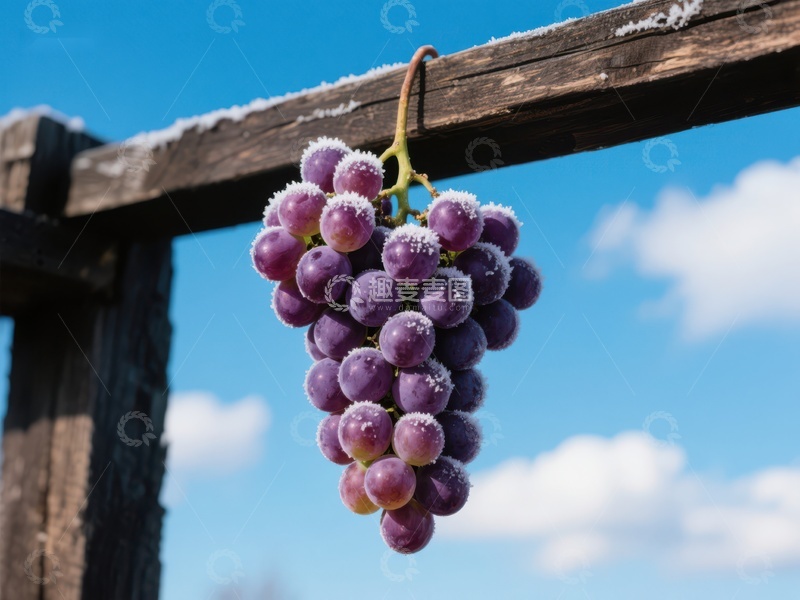高清大图下载【趣麦麦图】霜冻葡萄串挂在木架上
