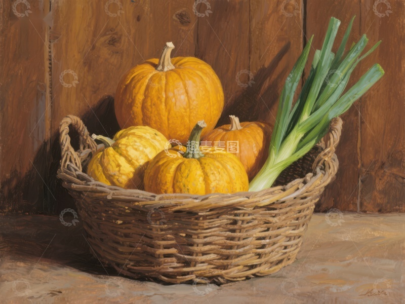 高清大图下载【趣麦麦图】篮子里的南瓜与葱