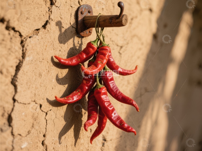 高清大图下载【趣麦麦图】红辣椒串挂在土墙上的特写