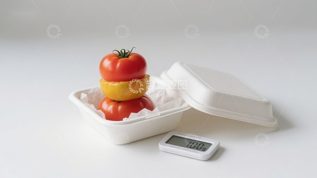 西红柿堆叠于泡沫盒中，旁置数字秤