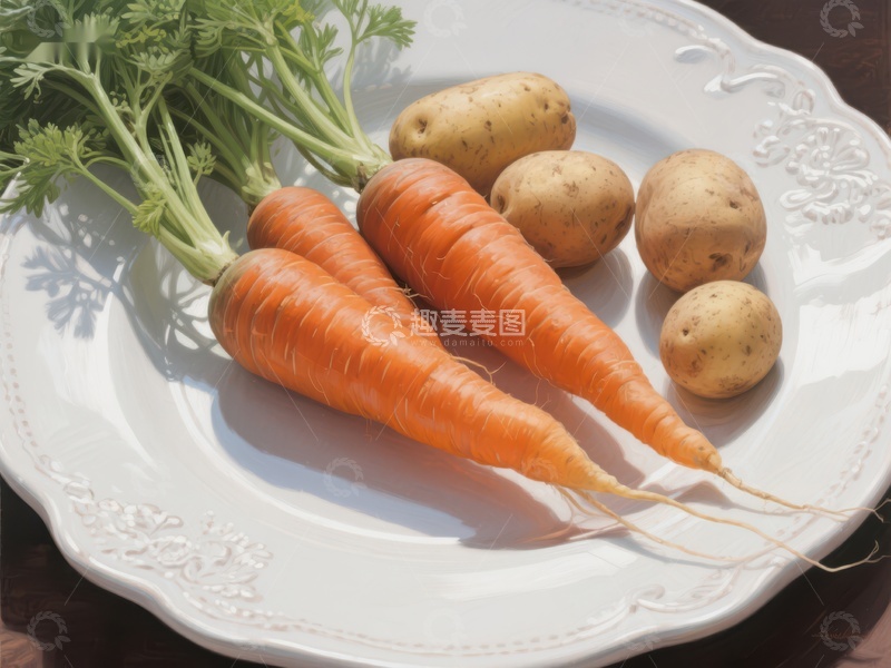 高清大图下载【趣麦麦图】新鲜胡萝卜与土豆置于白盘