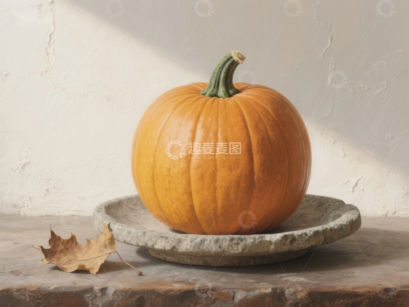 高清大图下载【趣麦麦图】橙色南瓜置于石盘之上