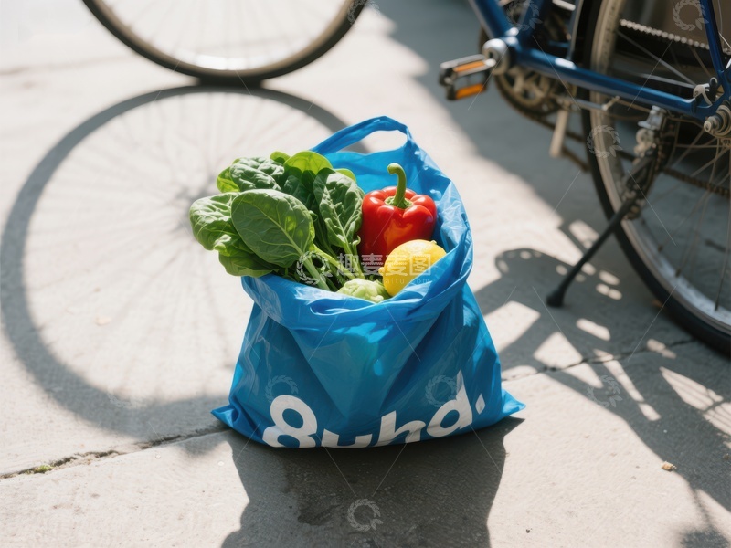 高清大图下载【趣麦麦图】蓝色购物袋装满新鲜蔬菜