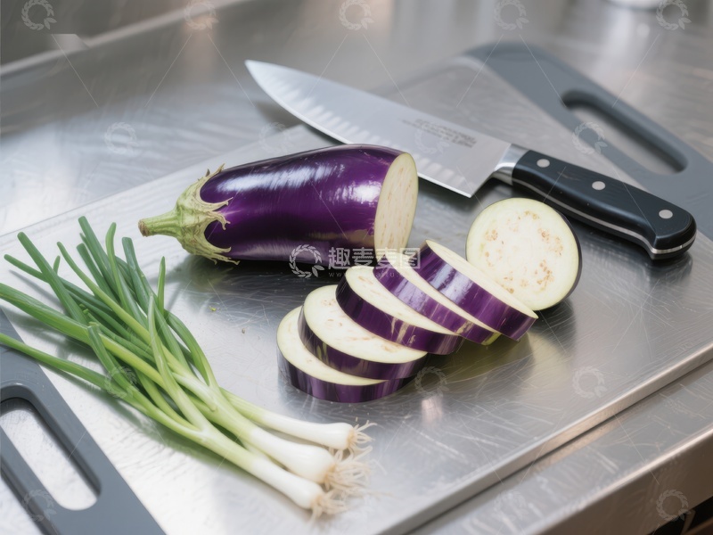高清大图下载【趣麦麦图】切片茄子与葱置于砧板上