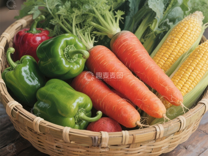 高清大图下载【趣麦麦图】新鲜蔬菜篮：胡萝卜、甜椒与玉米
