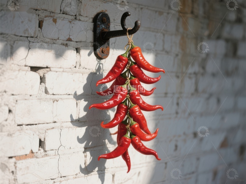 高清大图下载【趣麦麦图】红辣椒串挂在砖墙上的挂钩