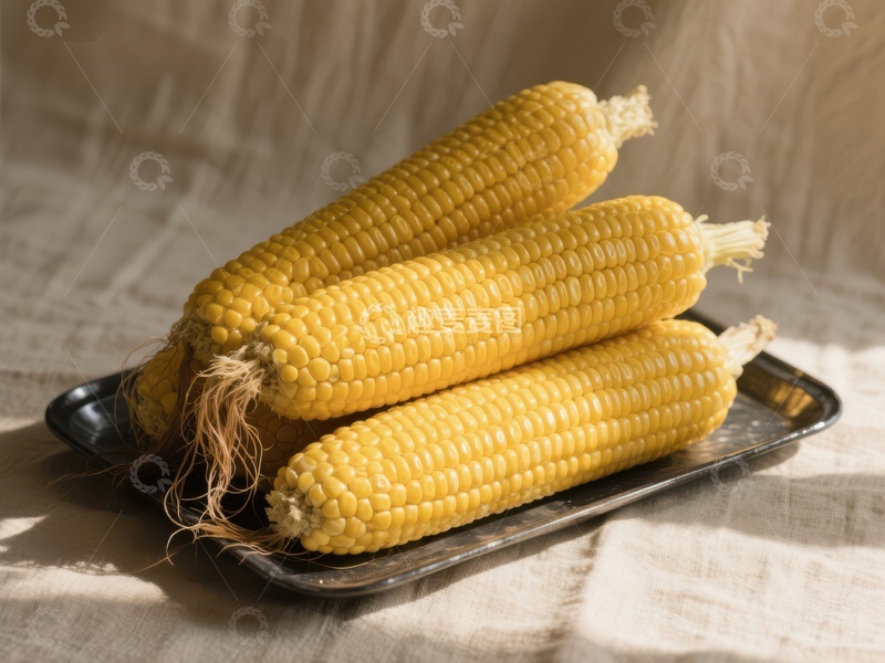 高清大图下载【趣麦麦图】三根新鲜玉米置于金属盘中