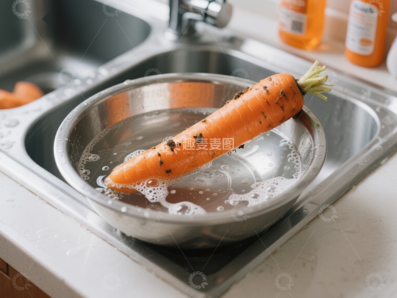 高清大图下载【趣麦麦图】胡萝卜在不锈钢碗中清洗