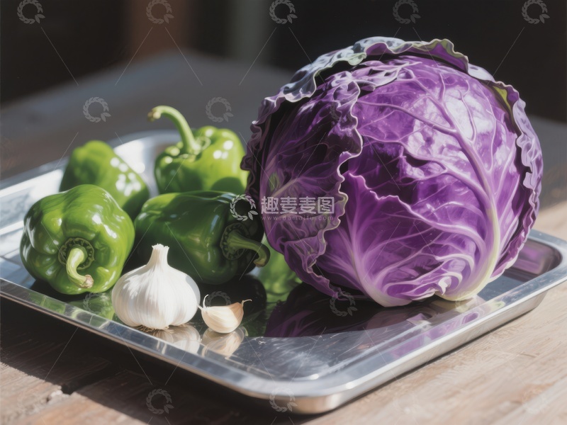 高清大图下载【趣麦麦图】紫甘蓝与绿椒大蒜的静物组合