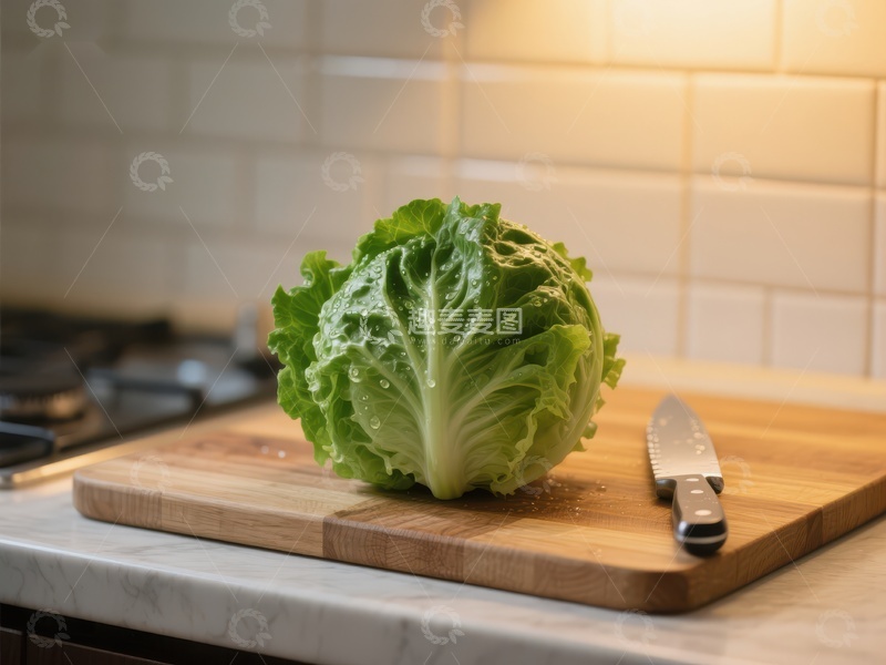 高清大图下载【趣麦麦图】新鲜生菜置于厨房砧板上