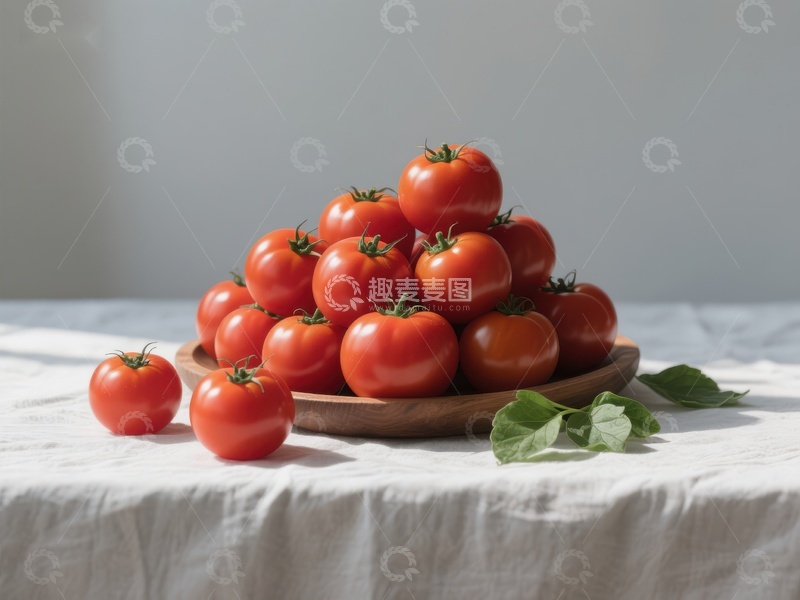 高清大图下载【趣麦麦图】新鲜番茄堆叠在木质盘中