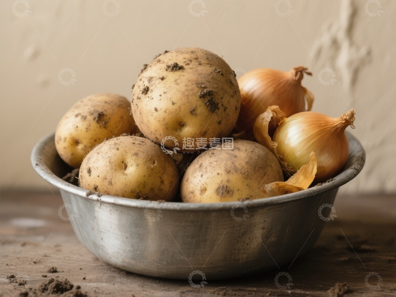高清大图下载【趣麦麦图】土豆与洋葱置于金属碗中