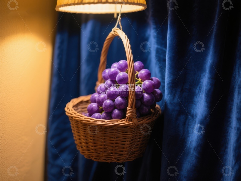 高清大图下载【趣麦麦图】篮子里的紫色葡萄挂在蓝色窗帘旁