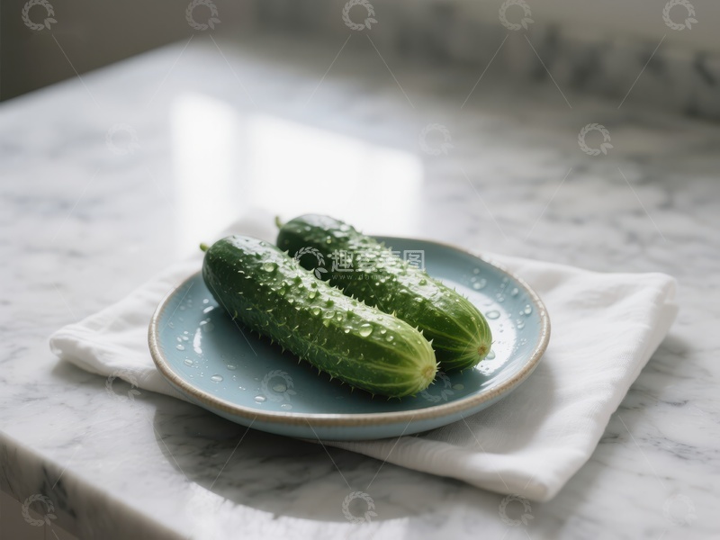 高清大图下载【趣麦麦图】青翠黄瓜置于蓝色盘中
