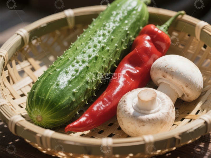 高清大图下载【趣麦麦图】竹篮中的黄瓜、红椒与蘑菇