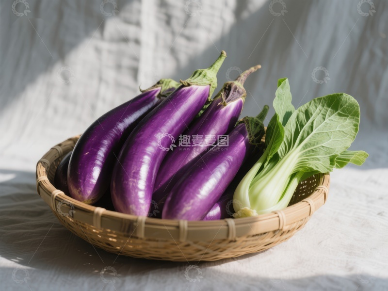 高清大图下载【趣麦麦图】紫茄子与青菜置于竹篮中