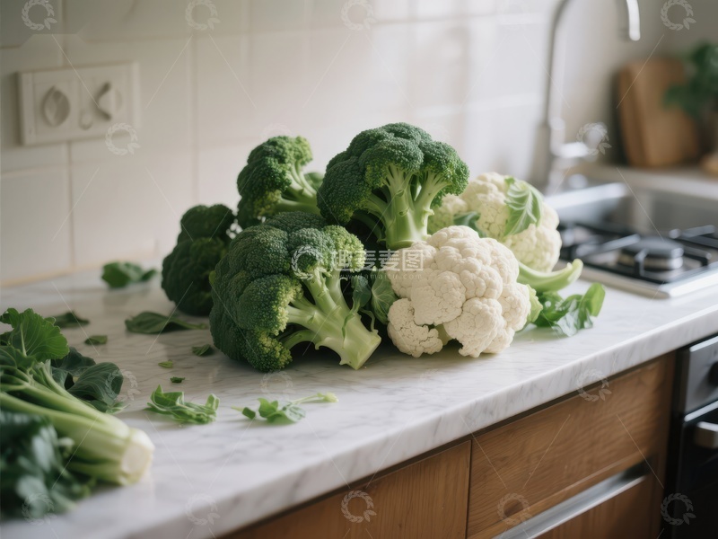 高清大图下载【趣麦麦图】厨房台面上的西兰花和花椰菜
