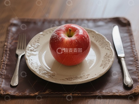 红苹果置于盘中，配以刀叉