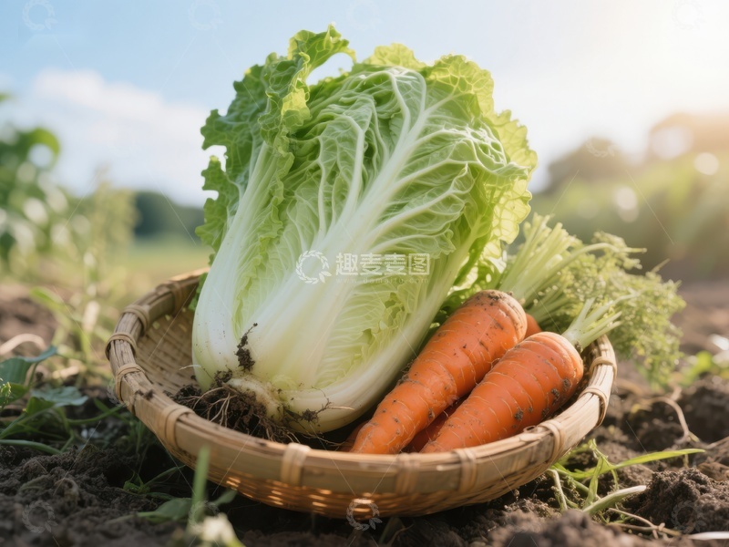 高清大图下载【趣麦麦图】新鲜蔬菜篮：白菜与胡萝卜